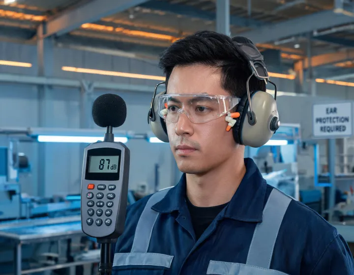 Industrial worker wearing hearing protection in a manufacturing plant