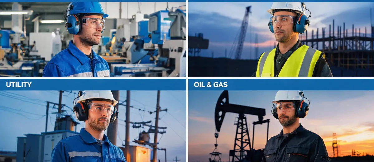 Workers in different industries wearing hearing protection