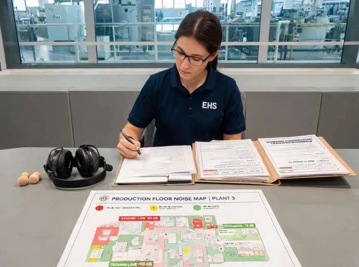 Safety specialist reviewing hearing protection plan